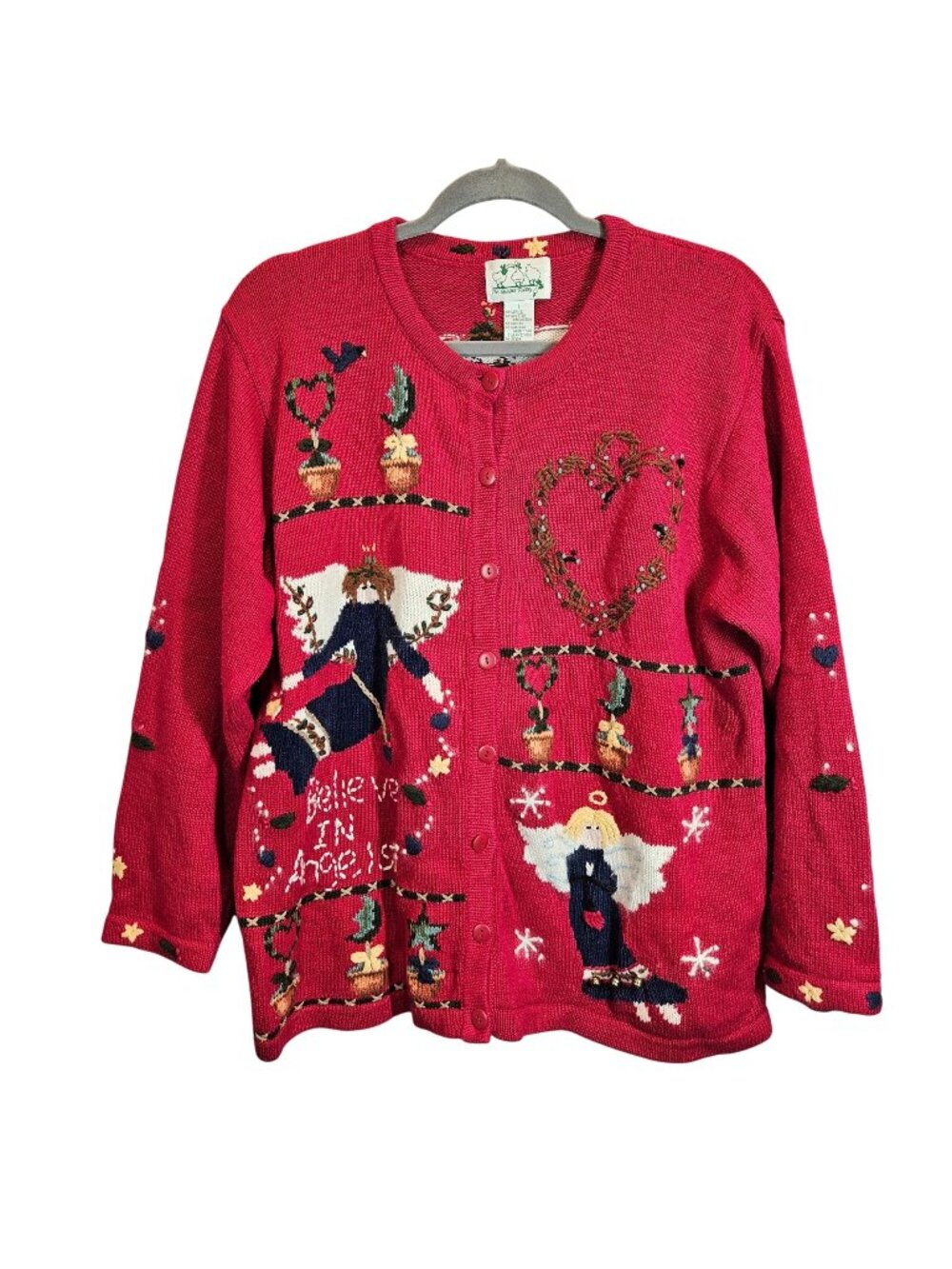 Quacker Factory Believe In Angels Red Cardigan Sweater L Button Embroidered